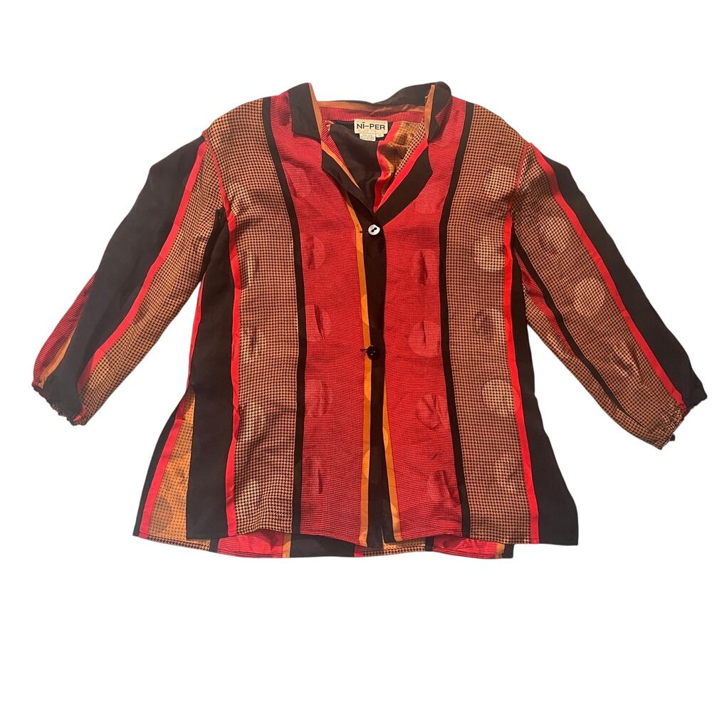 80s Vintage Ni-Per Silk Blouse Shoulder Pads - Abstract Black Red Shirt Size: 12